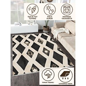 Mutfak Halısı – Siyah; Krem – Geometrik Desen, Makinede Yıkanabilir, Kolay Temizlenebilir, Toz Ve Tüy Tutmaz, Kaymaz, Evcil Hayvan Dostu