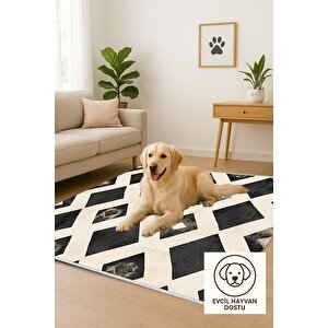 Mutfak Halısı – Siyah; Krem – Geometrik Desen, Makinede Yıkanabilir, Kolay Temizlenebilir, Toz Ve Tüy Tutmaz, Kaymaz, Evcil Hayvan Dostu