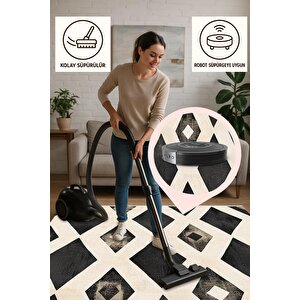 Mutfak Halısı – Siyah; Krem – Geometrik Desen, Makinede Yıkanabilir, Kolay Temizlenebilir, Toz Ve Tüy Tutmaz, Kaymaz, Evcil Hayvan Dostu