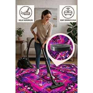 Oturma Odası Halısı – Fuşya; Mor – Etnik Desen, Makinede Yıkanabilir, Kolay Temizlenebilir, Toz Ve Tüy Tutmaz, Kaymaz, Evcil Hayvan Dostu