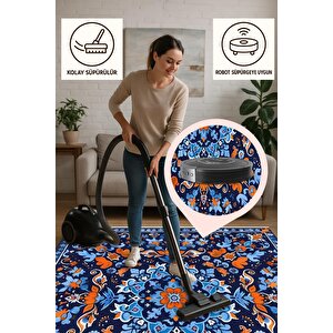 Pamuk Dokuma Taban Halı – Lacivert; Mavi; Turuncu – Geleneksel Desen, Makinede Yıkanabilir, Kolay Temizlenebilir, Toz Ve Tüy Tutmaz, Kaymaz, Evcil Hayvan Dostu