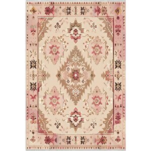 Oturma Odası Halısı – Pembe; Kahverengi; Krem – Oriental Desen, Makinede Yıkanabilir, Kolay Temizlenebilir, Toz Ve Tüy Tutmaz, Kaymaz, Evcil Hayvan Dostu 150x150 cm