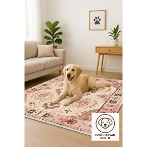 Oturma Odası Halısı – Pembe; Kahverengi; Krem – Oriental Desen, Makinede Yıkanabilir, Kolay Temizlenebilir, Toz Ve Tüy Tutmaz, Kaymaz, Evcil Hayvan Dostu 150x150 cm