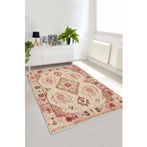 Oturma Odası Halısı – Pembe; Kahverengi; Krem – Oriental Desen, Makinede Yıkanabilir, Kolay Temizlenebilir, Toz Ve Tüy Tutmaz, Kaymaz, Evcil Hayvan Dostu