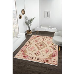 Oturma Odası Halısı – Pembe; Kahverengi; Krem – Oriental Desen, Makinede Yıkanabilir, Kolay Temizlenebilir, Toz Ve Tüy Tutmaz, Kaymaz, Evcil Hayvan Dostu