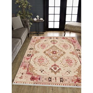 Oturma Odası Halısı – Pembe; Kahverengi; Krem – Oriental Desen, Makinede Yıkanabilir, Kolay Temizlenebilir, Toz Ve Tüy Tutmaz, Kaymaz, Evcil Hayvan Dostu
