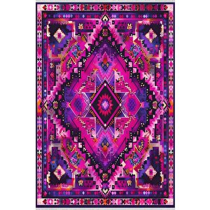 Oturma Odası Halısı – Fuşya; Mor – Etnik Desen, Makinede Yıkanabilir, Kolay Temizlenebilir, Toz Ve Tüy Tutmaz, Kaymaz, Evcil Hayvan Dostu 160x180 cm