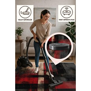 Pamuk Dokuma Taban Halı – Siyah; Kırmızı; Kahverengi – Geometrik Desen, Makinede Yıkanabilir, Kolay Temizlenebilir, Toz Ve Tüy Tutmaz, Kaymaz, Evcil Hayvan Dostu