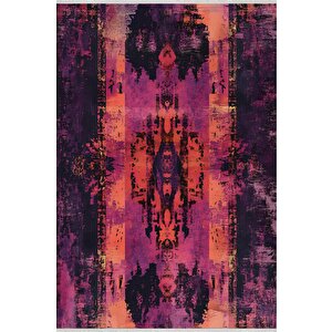 Pamuk Dokuma Taban Halı – Fuşya; Mor; Turuncu; Siyah – Eskitilmiş Görünümlü Soyut Desen, Makinede Yıkanabilir, Kolay Temizlenebilir, Toz Ve Tüy Tutmaz, Kaymaz, Evcil Hayvan Dostu 80x80 cm