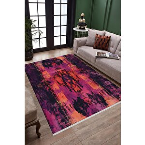 Pamuk Dokuma Taban Halı – Fuşya; Mor; Turuncu; Siyah – Eskitilmiş Görünümlü Soyut Desen, Makinede Yıkanabilir, Kolay Temizlenebilir, Toz Ve Tüy Tutmaz, Kaymaz, Evcil Hayvan Dostu 80x80 cm