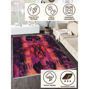 Pamuk Dokuma Taban Halı – Fuşya; Mor; Turuncu; Siyah – Eskitilmiş Görünümlü Soyut Desen, Makinede Yıkanabilir, Kolay Temizlenebilir, Toz Ve Tüy Tutmaz, Kaymaz, Evcil Hayvan Dostu 80x80 cm