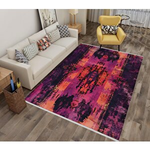 Pamuk Dokuma Taban Halı – Fuşya; Mor; Turuncu; Siyah – Eskitilmiş Görünümlü Soyut Desen, Makinede Yıkanabilir, Kolay Temizlenebilir, Toz Ve Tüy Tutmaz, Kaymaz, Evcil Hayvan Dostu