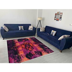 Pamuk Dokuma Taban Halı – Fuşya; Mor; Turuncu; Siyah – Eskitilmiş Görünümlü Soyut Desen, Makinede Yıkanabilir, Kolay Temizlenebilir, Toz Ve Tüy Tutmaz, Kaymaz, Evcil Hayvan Dostu