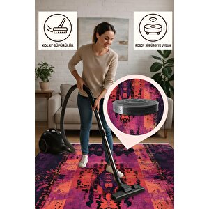 Pamuk Dokuma Taban Halı – Fuşya; Mor; Turuncu; Siyah – Eskitilmiş Görünümlü Soyut Desen, Makinede Yıkanabilir, Kolay Temizlenebilir, Toz Ve Tüy Tutmaz, Kaymaz, Evcil Hayvan Dostu