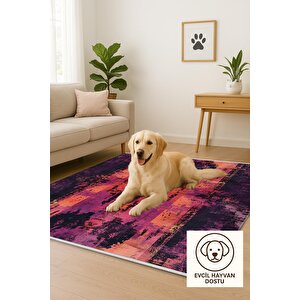 Pamuk Dokuma Taban Halı – Fuşya; Mor; Turuncu; Siyah – Eskitilmiş Görünümlü Soyut Desen, Makinede Yıkanabilir, Kolay Temizlenebilir, Toz Ve Tüy Tutmaz, Kaymaz, Evcil Hayvan Dostu