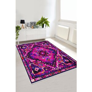 Oturma Odası Halısı – Fuşya; Mor – Etnik Desen, Makinede Yıkanabilir, Kolay Temizlenebilir, Toz Ve Tüy Tutmaz, Kaymaz, Evcil Hayvan Dostu 100x180 cm