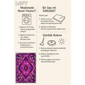 Oturma Odası Halısı – Fuşya; Mor – Etnik Desen, Makinede Yıkanabilir, Kolay Temizlenebilir, Toz Ve Tüy Tutmaz, Kaymaz, Evcil Hayvan Dostu