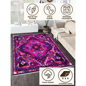 Oturma Odası Halısı – Fuşya; Mor – Etnik Desen, Makinede Yıkanabilir, Kolay Temizlenebilir, Toz Ve Tüy Tutmaz, Kaymaz, Evcil Hayvan Dostu