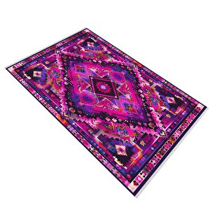 Oturma Odası Halısı – Fuşya; Mor – Etnik Desen, Makinede Yıkanabilir, Kolay Temizlenebilir, Toz Ve Tüy Tutmaz, Kaymaz, Evcil Hayvan Dostu