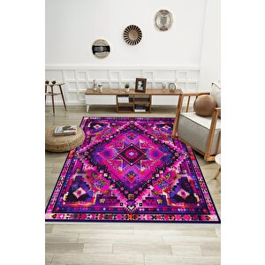 Oturma Odası Halısı – Fuşya; Mor – Etnik Desen, Makinede Yıkanabilir, Kolay Temizlenebilir, Toz Ve Tüy Tutmaz, Kaymaz, Evcil Hayvan Dostu