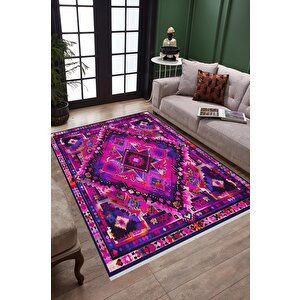 Oturma Odası Halısı – Fuşya; Mor – Etnik Desen, Makinede Yıkanabilir, Kolay Temizlenebilir, Toz Ve Tüy Tutmaz, Kaymaz, Evcil Hayvan Dostu