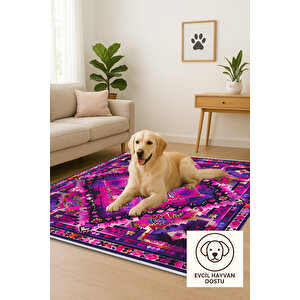 Oturma Odası Halısı – Fuşya; Mor – Etnik Desen, Makinede Yıkanabilir, Kolay Temizlenebilir, Toz Ve Tüy Tutmaz, Kaymaz, Evcil Hayvan Dostu