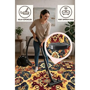Pamuk Dokuma Taban Halı – Sarı; Lacivert; Kırmızı; Turuncu – Oriental Desen, Makinede Yıkanabilir, Kolay Temizlenebilir, Toz Ve Tüy Tutmaz, Kaymaz, Evcil Hayvan Dostu