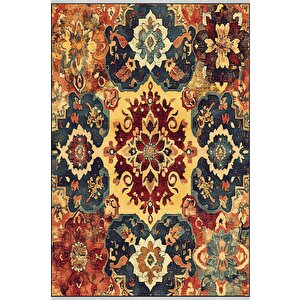 Pamuk Dokuma Taban Halı – Sarı; Lacivert; Kırmızı; Turuncu – Oriental Desen, Makinede Yıkanabilir, Kolay Temizlenebilir, Toz Ve Tüy Tutmaz, Kaymaz, Evcil Hayvan Dostu