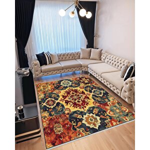 Pamuk Dokuma Taban Halı – Sarı; Lacivert; Kırmızı; Turuncu – Oriental Desen, Makinede Yıkanabilir, Kolay Temizlenebilir, Toz Ve Tüy Tutmaz, Kaymaz, Evcil Hayvan Dostu