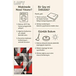 Pamuk Dokuma Taban Halı – Siyah; Beyaz; Gri; Kırmızı – Geometrik Desen, Makinede Yıkanabilir, Kolay Temizlenebilir, Toz Ve Tüy Tutmaz, Kaymaz, Evcil Hayvan Dostu