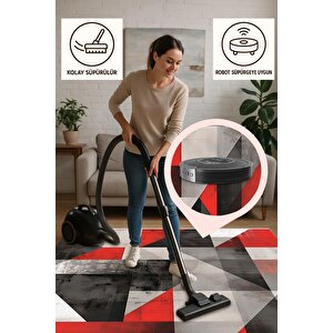 Pamuk Dokuma Taban Halı – Siyah; Beyaz; Gri; Kırmızı – Geometrik Desen, Makinede Yıkanabilir, Kolay Temizlenebilir, Toz Ve Tüy Tutmaz, Kaymaz, Evcil Hayvan Dostu