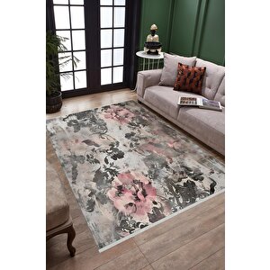 Yıkanabilir Salon Halısı – Gri; Siyah; Pembe – Floral Desen, Makinede Yıkanabilir, Kolay Temizlenebilir, Toz Ve Tüy Tutmaz, Kaymaz, Evcil Hayvan Dostu