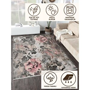 Yıkanabilir Salon Halısı – Gri; Siyah; Pembe – Floral Desen, Makinede Yıkanabilir, Kolay Temizlenebilir, Toz Ve Tüy Tutmaz, Kaymaz, Evcil Hayvan Dostu