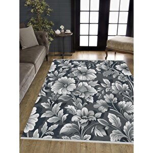 Pamuk Dokuma Taban Halı – Siyah; Gri; Beyaz – Floral Desen, Makinede Yıkanabilir, Kolay Temizlenebilir, Toz Ve Tüy Tutmaz, Kaymaz, Evcil Hayvan Dostu 160x230 cm