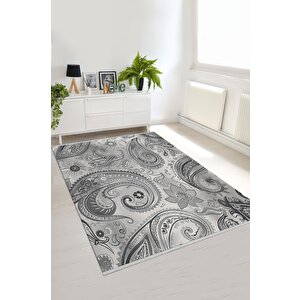 Pamuk Dokuma Taban Halı – Gri; Beyaz; Siyah – Paisley Desen, Makinede Yıkanabilir, Kolay Temizlenebilir, Toz Ve Tüy Tutmaz, Kaymaz, Evcil Hayvan Dostu