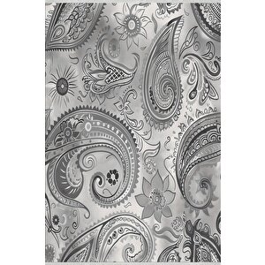 Pamuk Dokuma Taban Halı – Gri; Beyaz; Siyah – Paisley Desen, Makinede Yıkanabilir, Kolay Temizlenebilir, Toz Ve Tüy Tutmaz, Kaymaz, Evcil Hayvan Dostu 120x180 cm