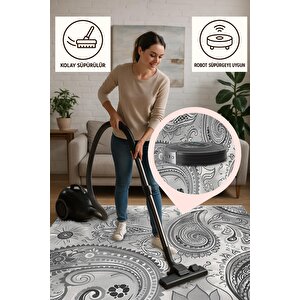 Pamuk Dokuma Taban Halı – Gri; Beyaz; Siyah – Paisley Desen, Makinede Yıkanabilir, Kolay Temizlenebilir, Toz Ve Tüy Tutmaz, Kaymaz, Evcil Hayvan Dostu 120x180 cm