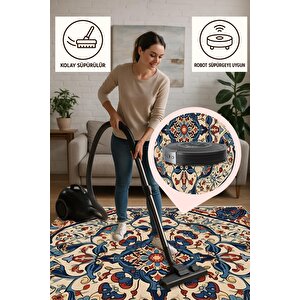 Pamuk Dokuma Taban Halı – Kırmızı; Lacivert; Mavi; Bej – Oriental Desen, Makinede Yıkanabilir, Kolay Temizlenebilir, Toz Ve Tüy Tutmaz, Kaymaz, Evcil Hayvan Dostu