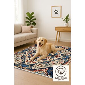 Pamuk Dokuma Taban Halı – Kırmızı; Lacivert; Mavi; Bej – Oriental Desen, Makinede Yıkanabilir, Kolay Temizlenebilir, Toz Ve Tüy Tutmaz, Kaymaz, Evcil Hayvan Dostu 160x180 cm