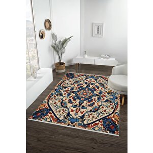 Pamuk Dokuma Taban Halı – Kırmızı; Lacivert; Mavi; Bej – Oriental Desen, Makinede Yıkanabilir, Kolay Temizlenebilir, Toz Ve Tüy Tutmaz, Kaymaz, Evcil Hayvan Dostu