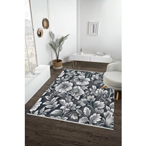 Pamuk Dokuma Taban Halı – Siyah; Gri; Beyaz – Floral Desen, Makinede Yıkanabilir, Kolay Temizlenebilir, Toz Ve Tüy Tutmaz, Kaymaz, Evcil Hayvan Dostu 150x300 cm