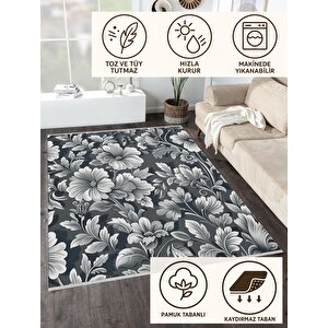 Pamuk Dokuma Taban Halı – Siyah; Gri; Beyaz – Floral Desen, Makinede Yıkanabilir, Kolay Temizlenebilir, Toz Ve Tüy Tutmaz, Kaymaz, Evcil Hayvan Dostu