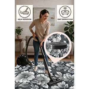 Pamuk Dokuma Taban Halı – Siyah; Gri; Beyaz – Floral Desen, Makinede Yıkanabilir, Kolay Temizlenebilir, Toz Ve Tüy Tutmaz, Kaymaz, Evcil Hayvan Dostu