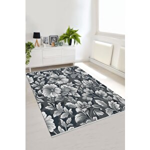 Pamuk Dokuma Taban Halı – Siyah; Gri; Beyaz – Floral Desen, Makinede Yıkanabilir, Kolay Temizlenebilir, Toz Ve Tüy Tutmaz, Kaymaz, Evcil Hayvan Dostu