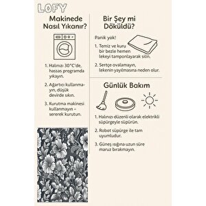 Pamuk Dokuma Taban Halı – Siyah; Gri; Beyaz – Floral Desen, Makinede Yıkanabilir, Kolay Temizlenebilir, Toz Ve Tüy Tutmaz, Kaymaz, Evcil Hayvan Dostu