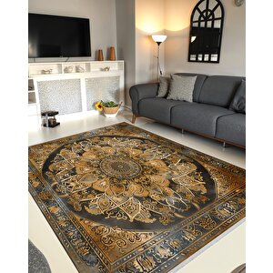 Oturma Odası Halısı – Siyah; Kahverengi – Eskitilmiş Görünümlü Mandala Desen, Makinede Yıkanabilir, Kolay Temizlenebilir, Toz Ve Tüy Tutmaz, Kaymaz, Evcil Hayvan Dostu