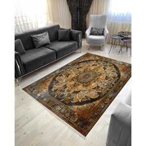 Oturma Odası Halısı – Siyah; Kahverengi – Eskitilmiş Görünümlü Mandala Desen, Makinede Yıkanabilir, Kolay Temizlenebilir, Toz Ve Tüy Tutmaz, Kaymaz, Evcil Hayvan Dostu
