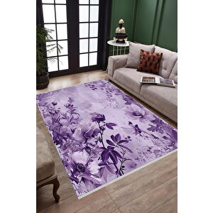 Oturma Odası Halısı – Mor; Lila – Çiçekli Desen, Makinede Yıkanabilir, Kolay Temizlenebilir, Toz Ve Tüy Tutmaz, Kaymaz, Evcil Hayvan Dostu 160x180 cm