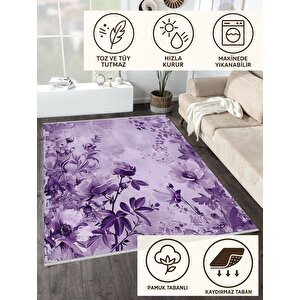 Oturma Odası Halısı – Mor; Lila – Çiçekli Desen, Makinede Yıkanabilir, Kolay Temizlenebilir, Toz Ve Tüy Tutmaz, Kaymaz, Evcil Hayvan Dostu 160x180 cm