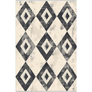 Oturma Odası Halısı – Siyah; Krem – Geometrik Desen, Eskitilmiş Görünümlü Tasarım, Makinede Yıkanabilir, Kolay Temizlenebilir, Toz Ve Tüy Tutmaz, Kaymaz, Evcil Hayvan Dostu 200x220 cm
